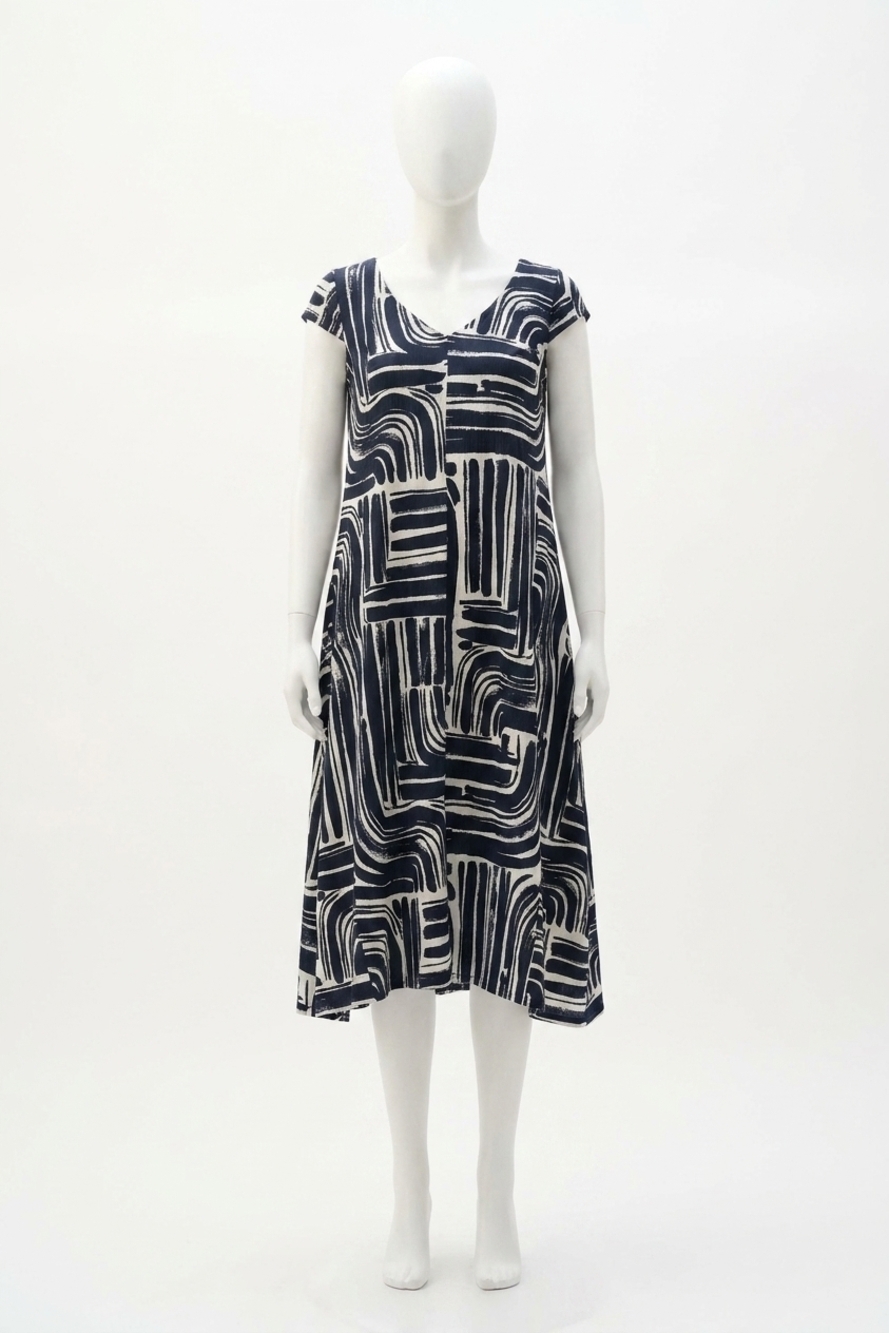 NEW JOSEPH RIBKOFF abstract midi cocoon dress in vanilla/midnight blue